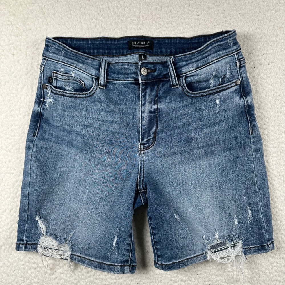 Judy Blue Denim Bermuda Shorts Womens L Distressed Stretch Jean Blue Casual